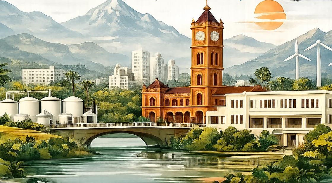 Illustration of Coimbatore's skyline — the RS Puram clock tower, textile mills and windmills against the Western Ghats